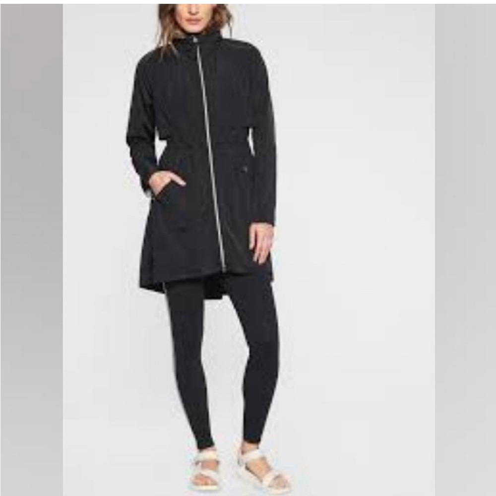 Athleta Zip-Up Rain Coat Removable Hood Cinch Waist - Gold headwear